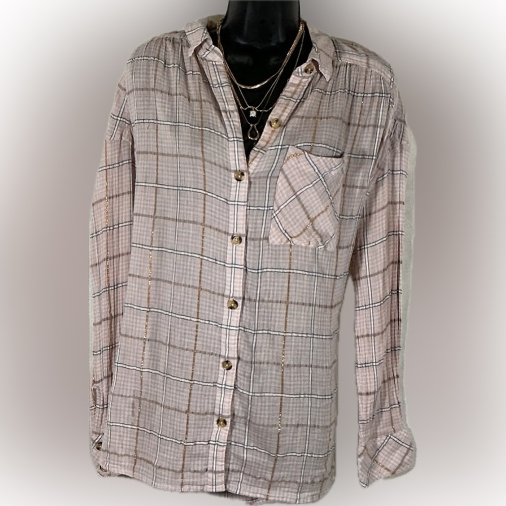 FP Movement by Free People Pink and Tan Plaid Button-Down Shirt